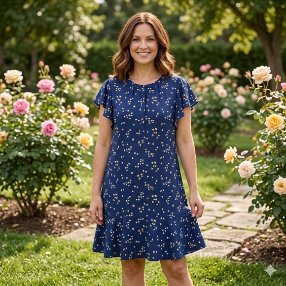 Tommy Hilfiger Dresses & Skirts - Tommy Hilfiger Ruffle Hem Flutter Sleeve Floral Print Shift Dress Navy Blue Sz M